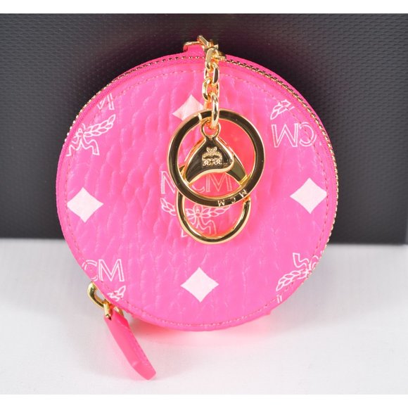 Women New MCM Neon Pink Visetos Canvas Round Coin Purse Wallet and Key Chain